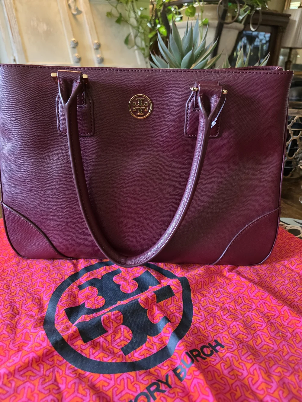 Tory Burch Plum Leather Double-Handle Tote with Gold Logo